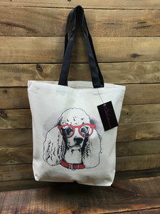 EYEGLASSES POODLE Cotton Canvas Tote Bag w/ Contrast Handles