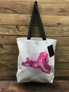 PINK RELAXING POODLE Cotton Canvas Tote Bag w/ Contrast Handles