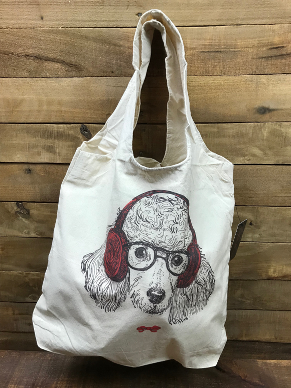 HEADPHONES POODLE Large 100% Cotton Stow-n-Go Tote Bag