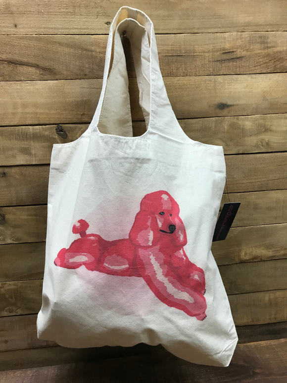 PINK RELAXING POODLE Large 100% Cotton Stow-n-Go Tote Bag