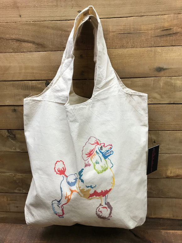 WHITE ART POODLE  Large 100% Cotton Stow-n-Go Tote Bag