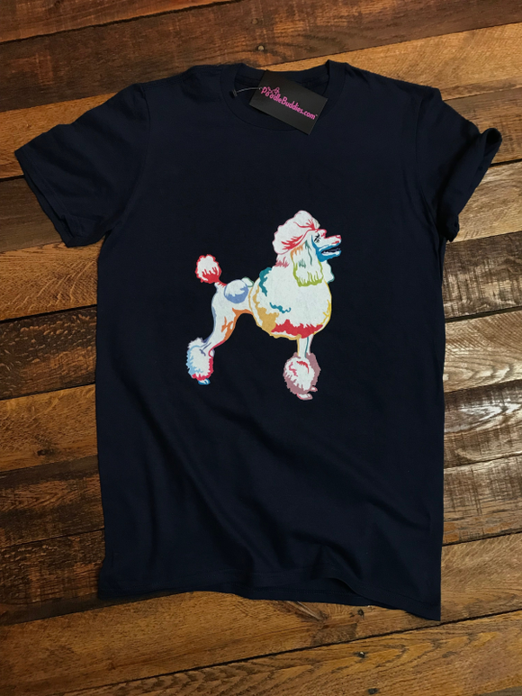 WHITE ART POODLE T-SHIRT - NAVY BLUE